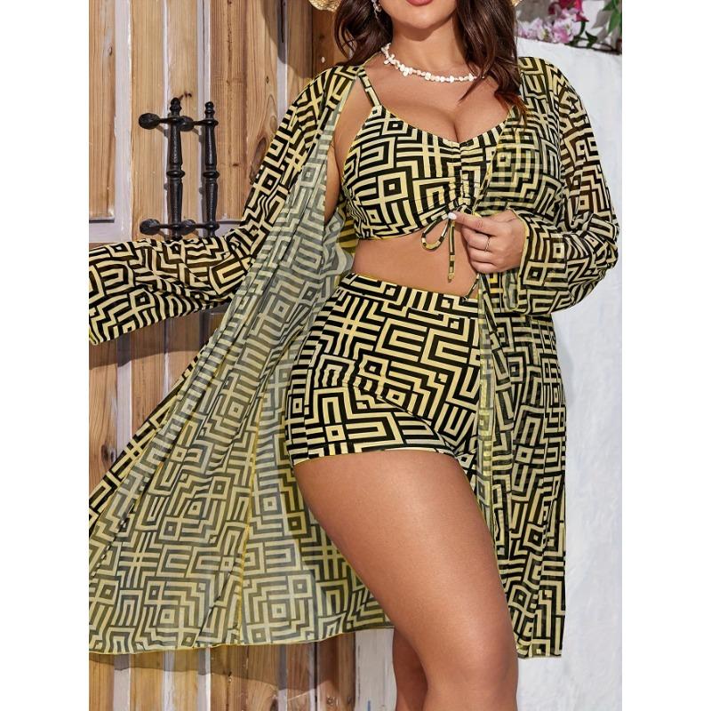 

Великий розмір із геометричним принтом із зав’язками та шорти з високою талією, бікіні з прикриттям із сітки. Комплект із 3 предметів. Купальники, жіночі купальники та одяг 2XL жовтий