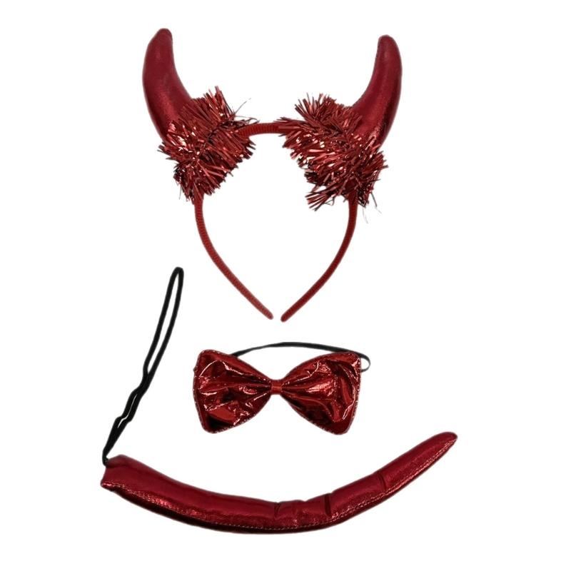 

Halloween Devil Horn Headbands With Red Bows Ties Tails 3Pcs Cosplay Costume Party Dressing Up Accessories 1 красный