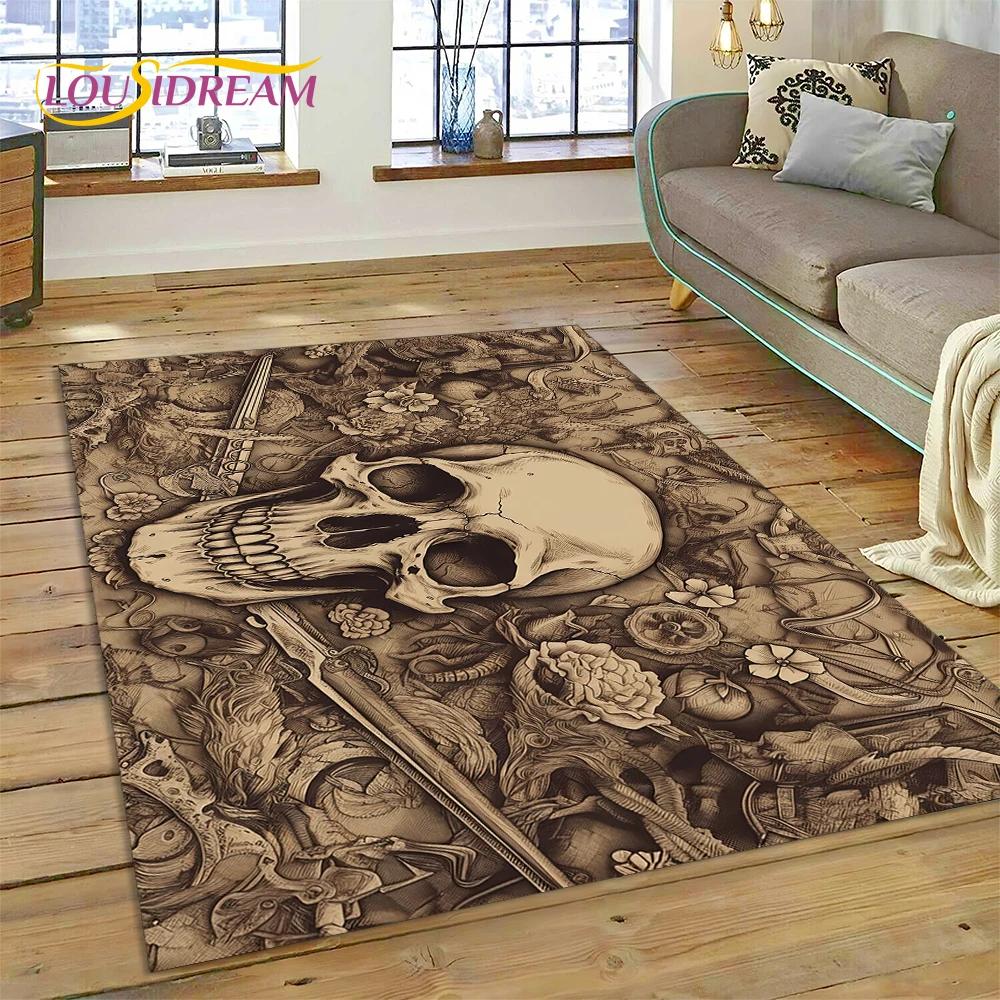 3D Horror Gothic Skull Skeleton Rug Carpet for Living Room Bedroom Decor,Floor Mat Non-slip Decoration for Sofa Doormat Gift Kid