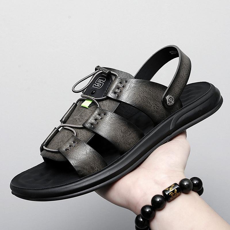FashionClassic Men's Genuine Leather Sandals Retro Men's Casual Shoes Beach Shoes Outdoor Trendy Flat Shoes Non slip Walking Sandals