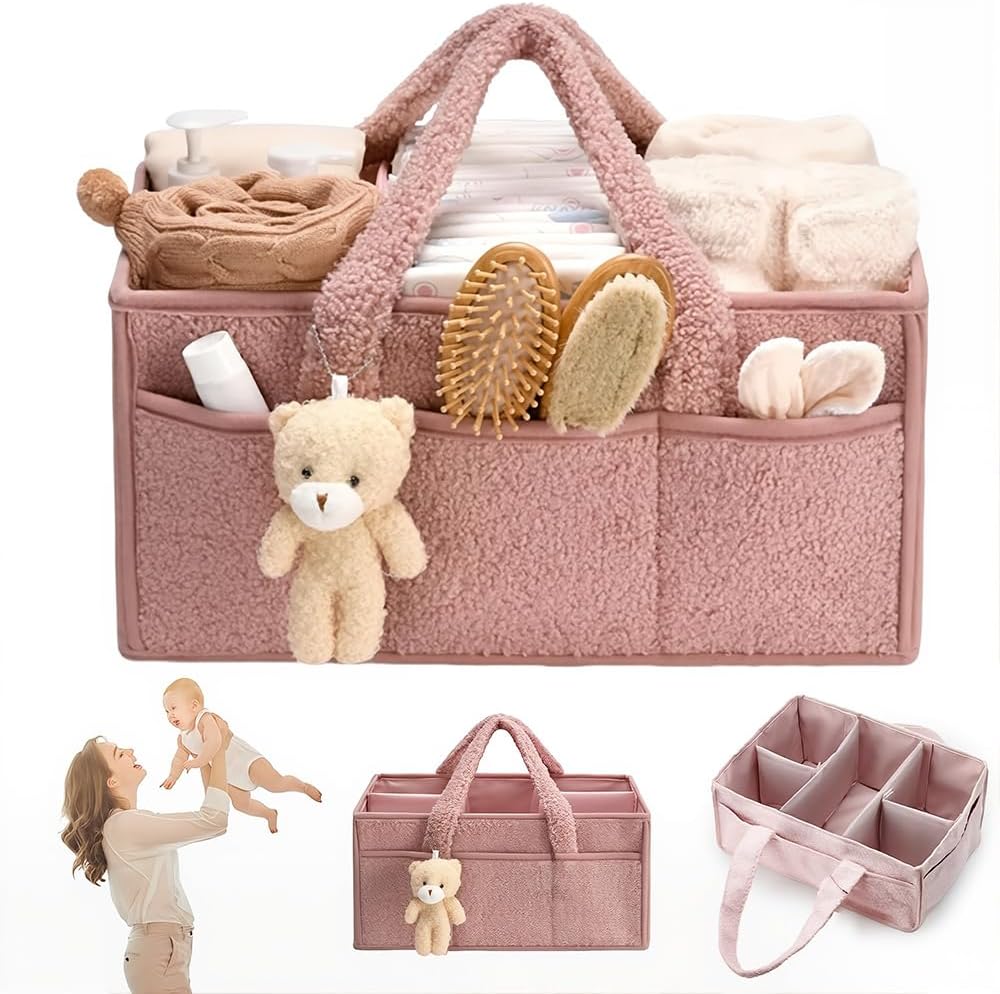Nappy Caddy Organizer for Baby Changing Table,Portable Diaper Caddy With Removable Dividers/Handle,Newborn Essentials,Nursery Wipes Storage Bag