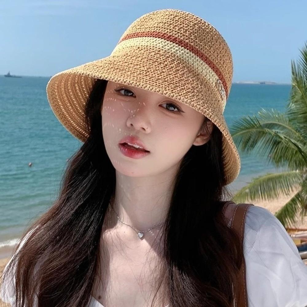 Flat Brim Hollow Straw Cap Breathable Sun Hat Simple Wide Brim Bucket Hat  Beach Vacation