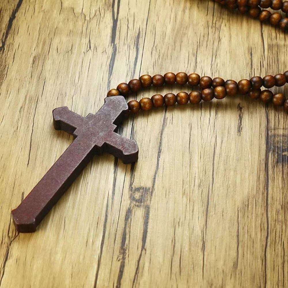 Religious Wood Beads Necklace Wood Crucifix Pendant Chain Handmade Rosary Necklace  Women