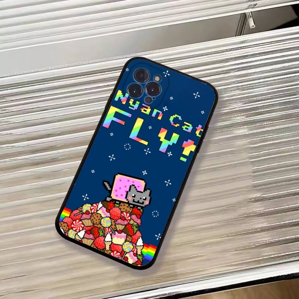 Cute N-Nyan Cat Phone Case For iPhone 17,16,15,14,13,12,11 Plus,Pro Max,XS,Soft Silicone Black Cover