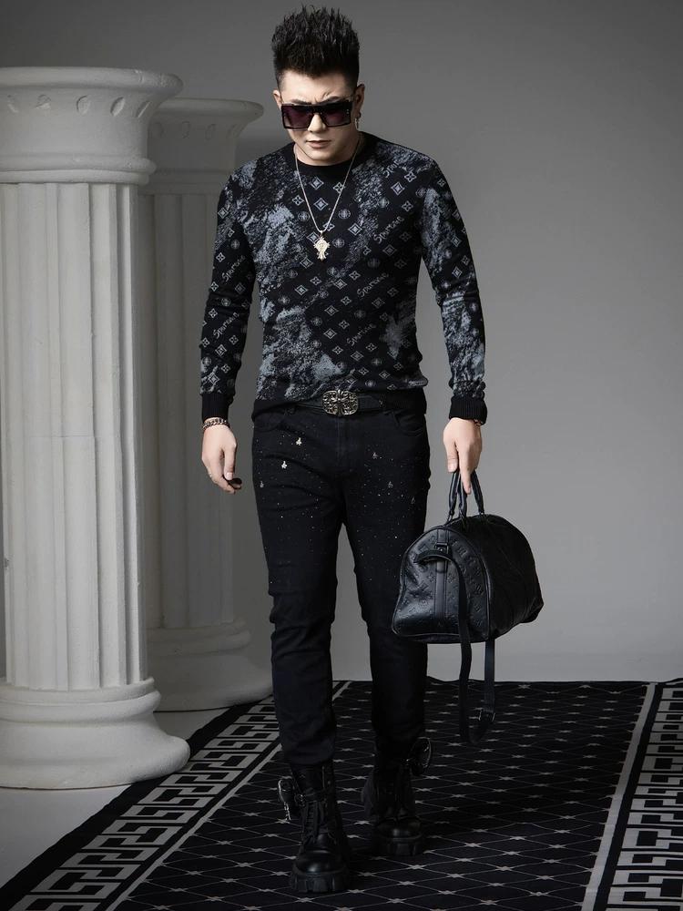 European Goods 2025 Autumn and Winter New Casual Knitwear Men's Round Neck Trendy Brand Printed Knitwear Long-Sleeved Knitwear for Men