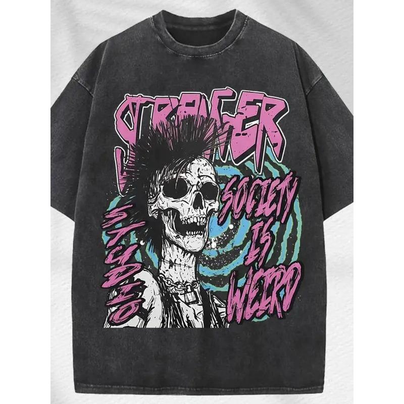 

Men s T-Shirt - Oversized Vintage Washed Cotton Tee with Stranger Society Is Weird - Gothic Streetwear ,Loose Fit Casual Top 5XL чорний