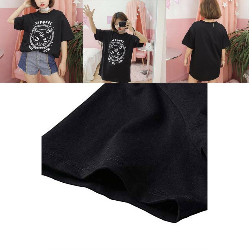 Damen Mädchen Lustiges Kurzarm Mond Katze Print Punk Gothic Lässiges Oberteil Bluse