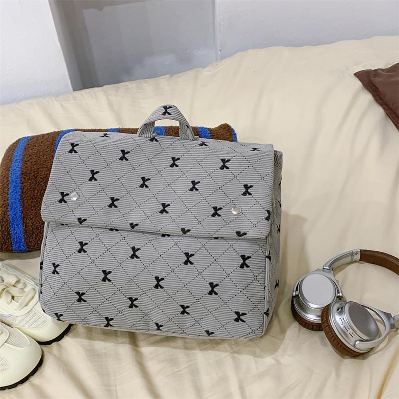 Vintage Corduroy Backpack Women's Bow Print Large Capacity Backpack
