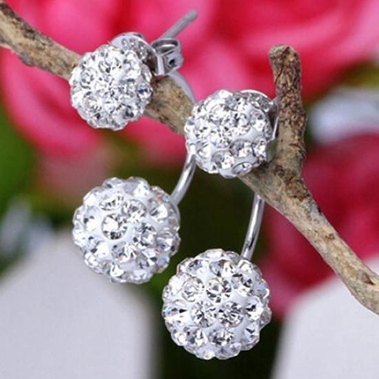 Lady U-shape Spherical Micro Rhinestone Silver Tone Ear Studs Earrings Jewelry