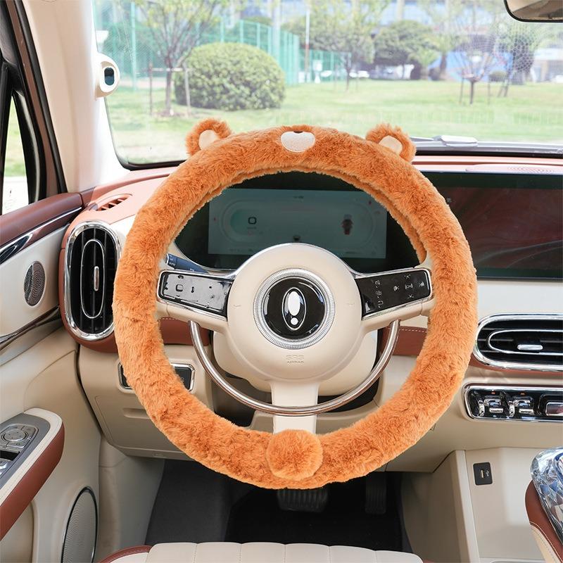 Housse de Volant de Voiture Universelle Hiver Anti-dérapante en Fausse Fourrure Mignonne Dessin Animé