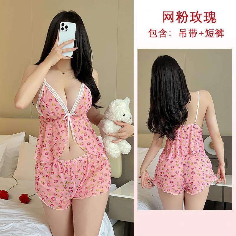 

Веселый розовый цветочный топ шорты из двух частей розовый сетчатый кружевной игривый комплект L
