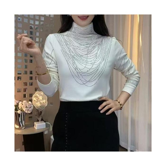 Podzimní/Zimní Módní Zeštíhlující Dámský Top s Polovysokým Límcem a Dlouhým Rukávem