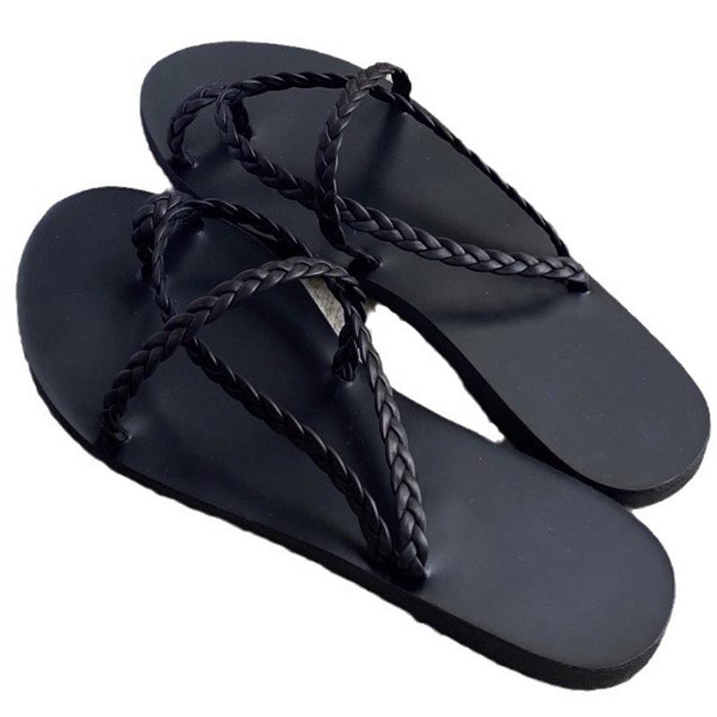 Woven one-word with flat-soled sandals women's leather niche design simple set of toe sandals