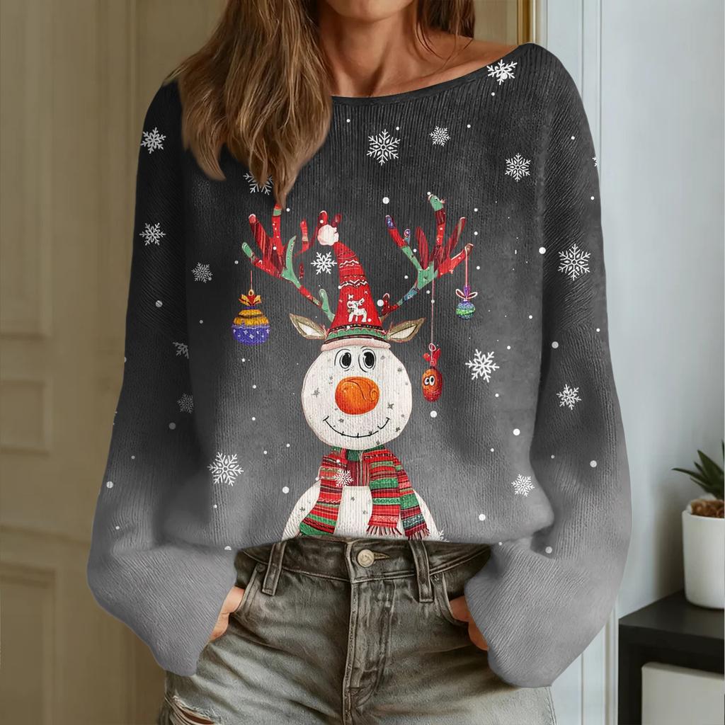 Women's Fashion Round Neck Long Sleeve Christmas Print Casual Pullover Sweater Top