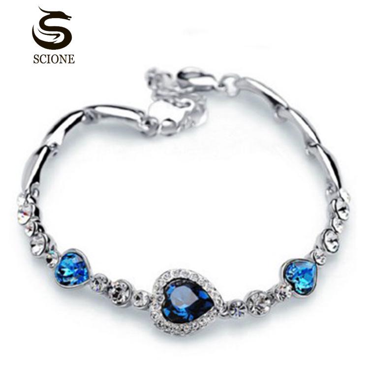 SCIONE Women Jewelry Fashion Ocean Blue Bangle Bracelet Rhinestone Love Heart Austrian Crystal