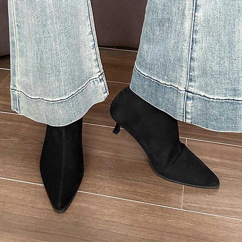 Cizme de gleznă cu toc înalt pentru femei, cu vârf ascuțit, Chelsea din piele întoarsă, pantofi de zăpadă, pluș, călduroase de iarnă, femeie 2024, trend, stiletto, sexy, botas mujer
