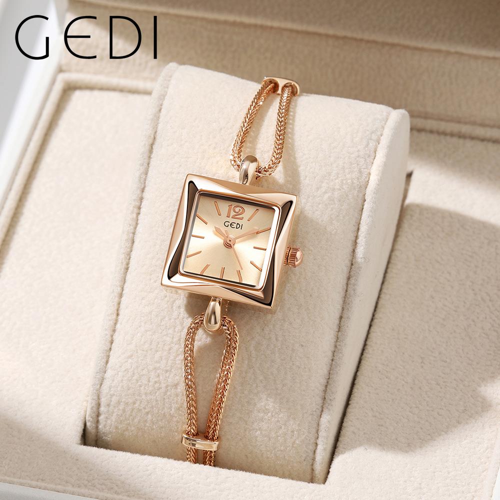 Fashion Gedi Top Brand Rose Gold Women Square Wrist Watch Alloy Rope Band Water Resistance Luxury Ladies Quartz Jewely 20mm