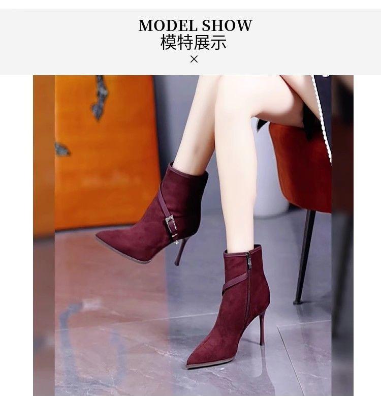 Temperament socialite style pointed suede burgundy high-heeled short boots women's 2025 autumn and winter rhinestone belt buckle thin heel thin boots