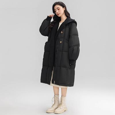 Removable Knitted Hat Long Down Jacket Women's 2025 Winter New Double-breasted Knee Warm Jacket Large Size Explosion