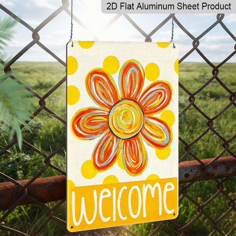 2D Flat, 1pc Colorful "Welcome" Flower Metal Wall Art Sign - 8*12 Inch Aluminium Boho Floral Decor, Polka Dot Orange Flower Plaque, Perfect for