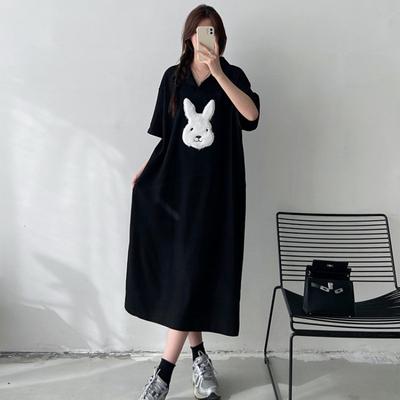 Women's Polo Neck Short-sleeved T-shirt Dress Summer Top Over The Knee Dress Large Size Belly Long Dress