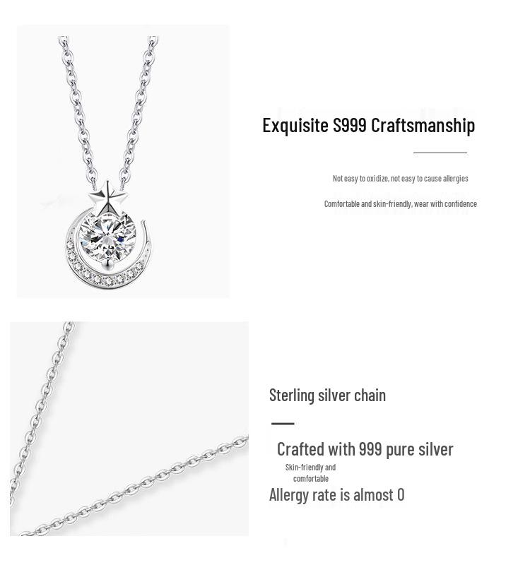 S999 Sterling Silver Star and Moon Zircon Necklace - Elegant Light Luxury Design for Women