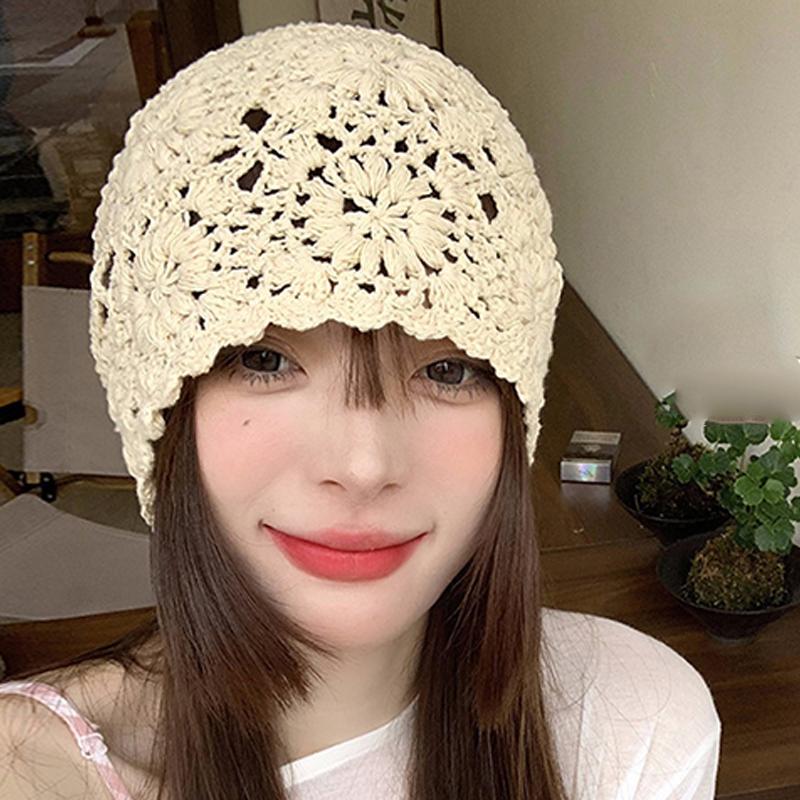 Women'S Solid Color Crochet Hollow Knitted Hat Summer  Vintage Beanie