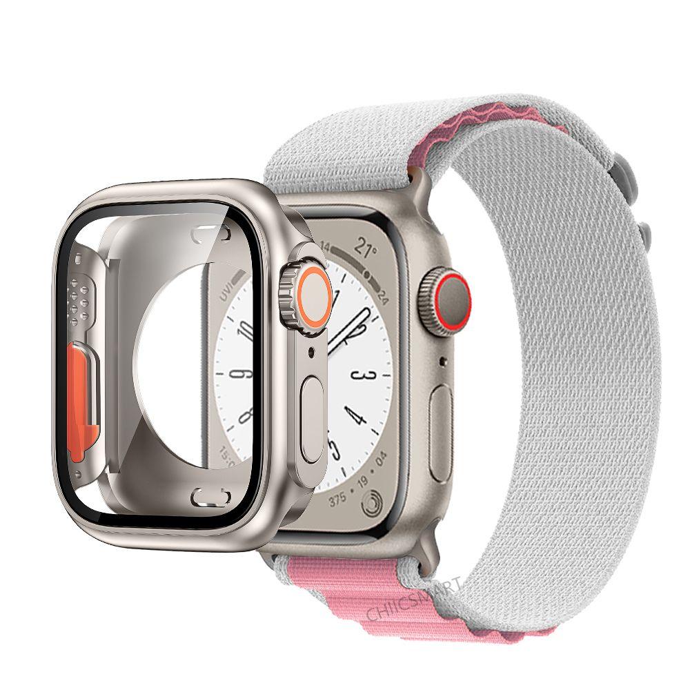 Correa de nailon con cubierta de vidrio para Apple Watch, carcasa de 44mm, 45mm, 40mm y 41mm, Protector de pantalla con correa, IWatch Series 56 Se 7 8, giro a Ultra