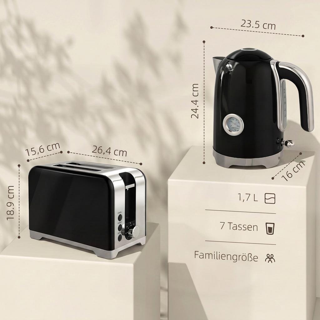 Kettle and Toaster Set with Thermometer, 1.7 L, 2200 W Kettle, 2-Slice Toaster with 7 Browning Levels