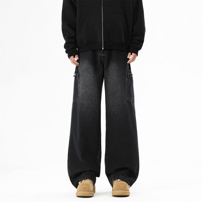 American High Street Trendy Brand Big Pocket Tooling Jeans Men's Trend Loose Wide Leg Drape Straight Trousers Men