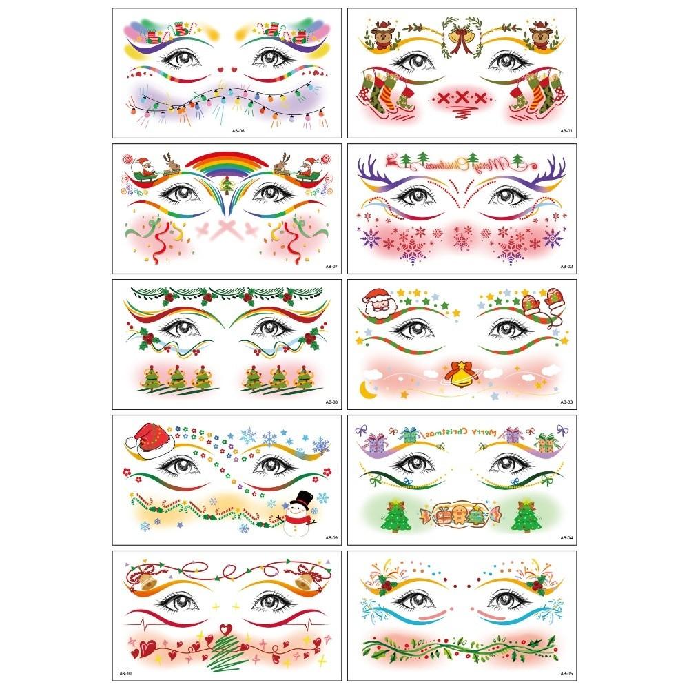 10Pcs Santa Claus Christmas Face Tattoo Sticker Waterproof Elk Christmas Makeup Stickers Face Art DIY Temporary Tattoo