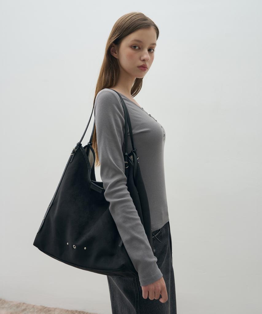 Ledeoli Button-Up Ribbed V-Neck Long Sleeve [Grey]