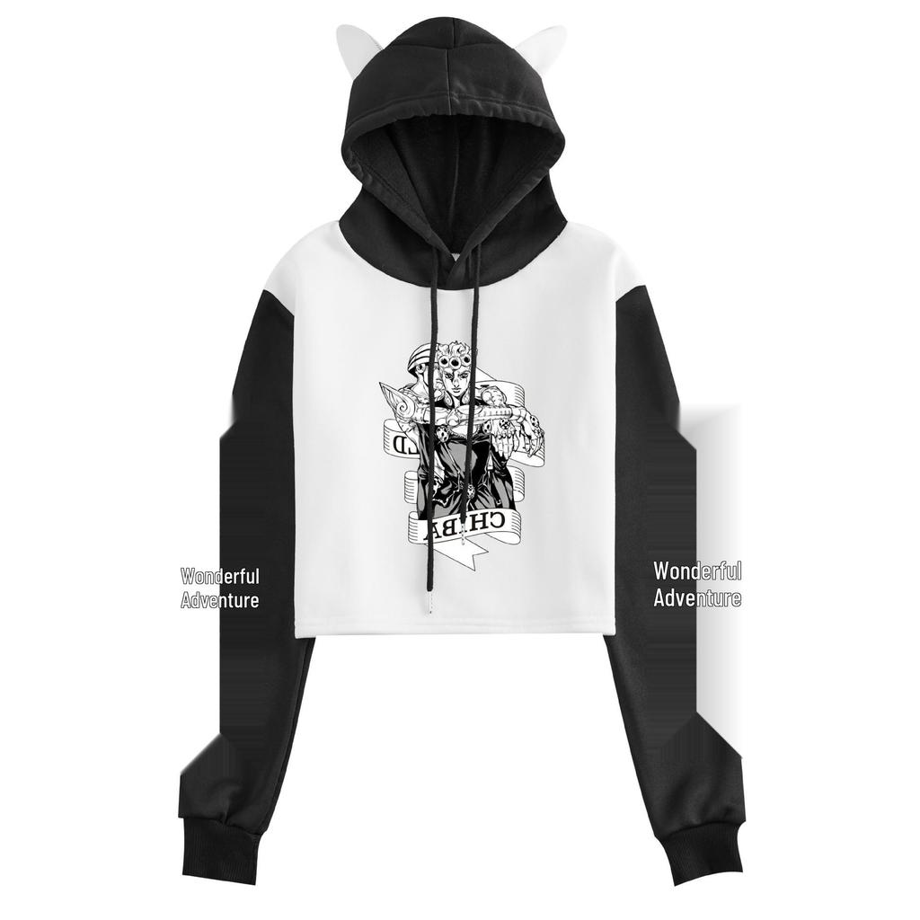 JOJO's Bizarre Adventure Cat Ear Color Block Hoodie - Women’s Anime Loose Jacket for Spring/Autumn