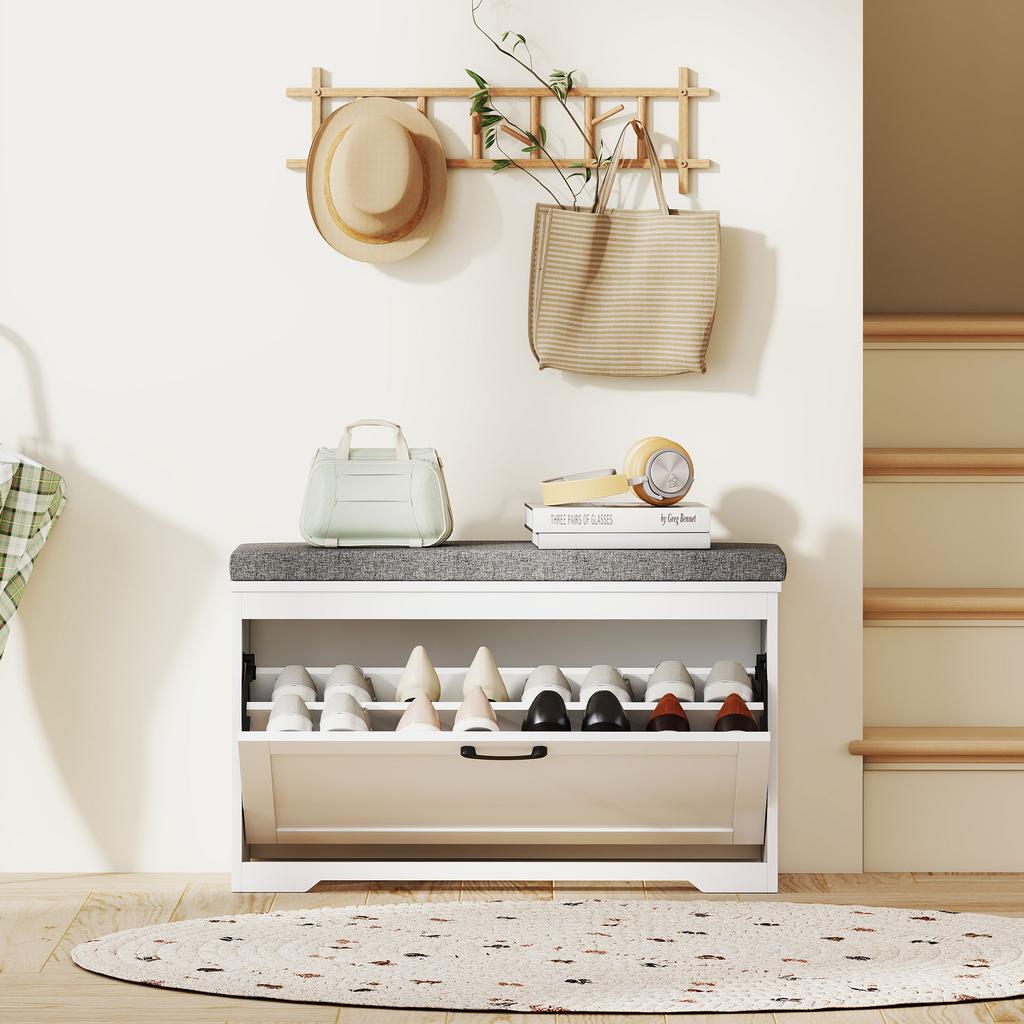 Panca moderna per scarpe con seduta imbottita e ripiano regolabile per 8 paia di scarpe per ingresso 80x30x50 cm Bianco
