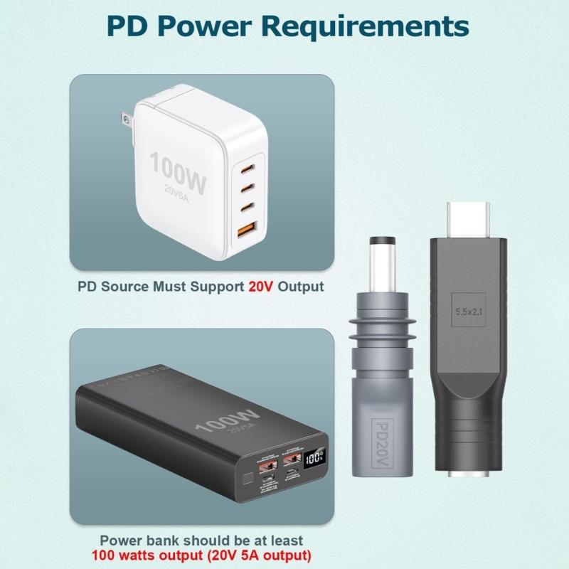 DC5521 Power Adapter USB C Male To DC5.5x2.1mm Converter for 20V Input PD100W Source for Mini