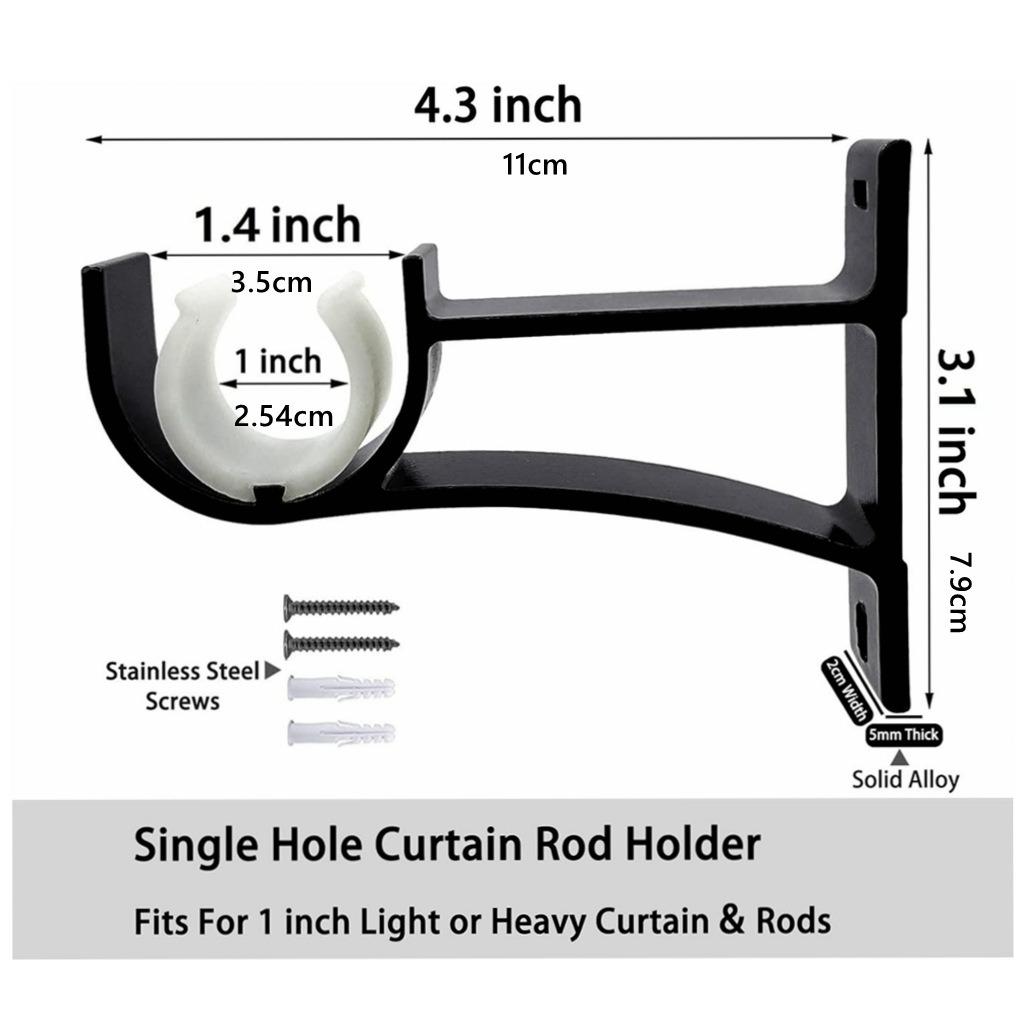 Black Aluminum Alloy Heavy Duty Single Curtain Rod Brackets for Curtain Rod Window Hardware Rod Pole Bracket