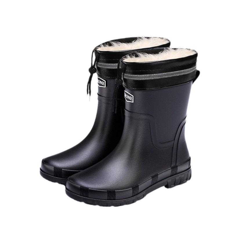 Winter warm men's rubber shoes British waterproof pull rope rain shoes medium tube outdoor fashion bundle rubber shoes non-slip fishing shoes