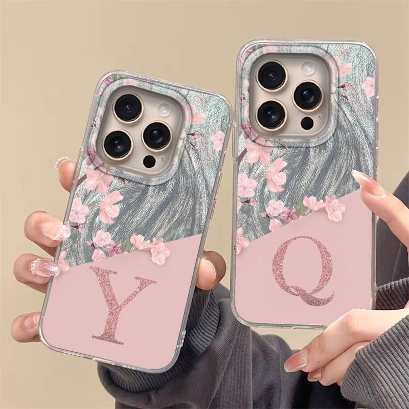 Case For iPhone 16 Pro Max 15 13 14 Plus 5G Phone Cover A-Z Letter Pink Flowers For iPhone 17 Air Shockproof Couple Hard Back
