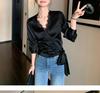 2026 Spring Floral Jacquard Satin Top: Elegant V-Neck Sheen Shirt with Lace Patchwork and Long Sleeves for Women