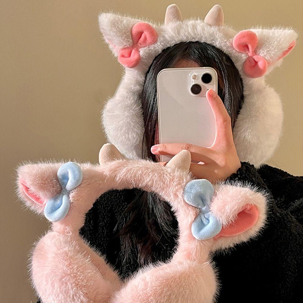 Small Bow-knot Little Lamb Horns Earmuffs Soft Plush Cute Ear Cover Cold Protection Earflaps  Ski