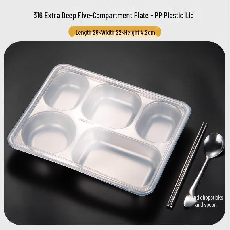 316 Stainless Steel Deep 5-Compartment Meal Tray with Lid