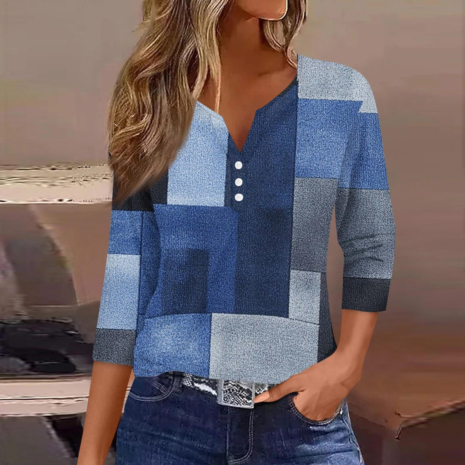 

Жен. Футболка Футболка С принтом Пуговицы Рукав 3/4 Повседневные Выходные Мода Классический Классический V-образный вырез Обычный Верх M синий