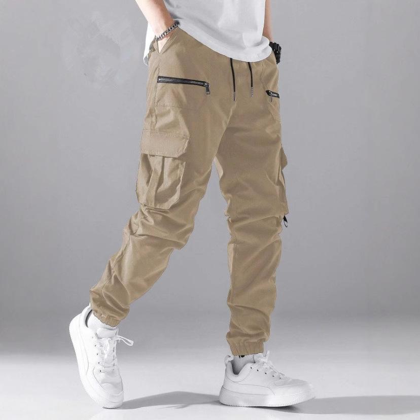 Men's Jogger Cargo Pants Multi Zipper Pockets Drawstring Elastic Waist Streetwear Tactical Ankle Cuffed Trousers