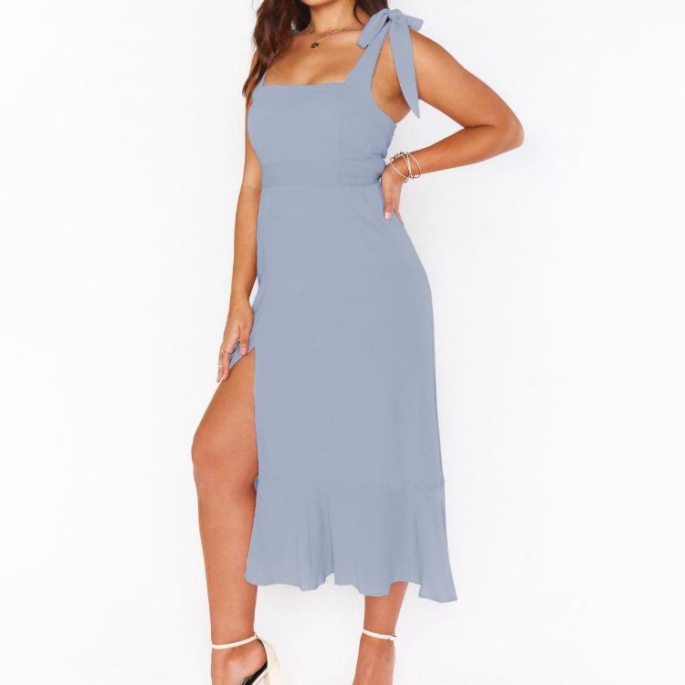 Women Summer Casual Sleeveless Spaghetti Strap A-Line Dress High Waist Long Split Solid Color Dresses
