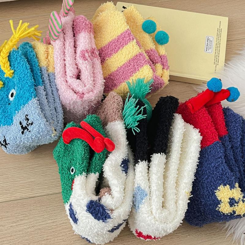 Cartoon Sausage Dog Coral Fleece Socks For Women Middle Tube Thickened Sleep Socks Home Floor Socks
