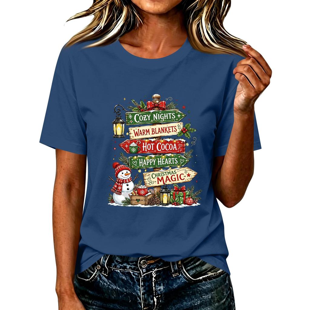 T-shirt da donna a maniche corte con stampa natalizia, top casual per le feste