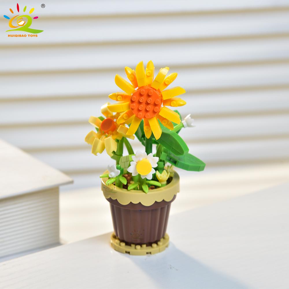 HUIQIBAO MOC Bouquet Potted Plant Micro Building Blocks Eternal Flower Model DIY Home Desk Decoration Brick Toy For Children