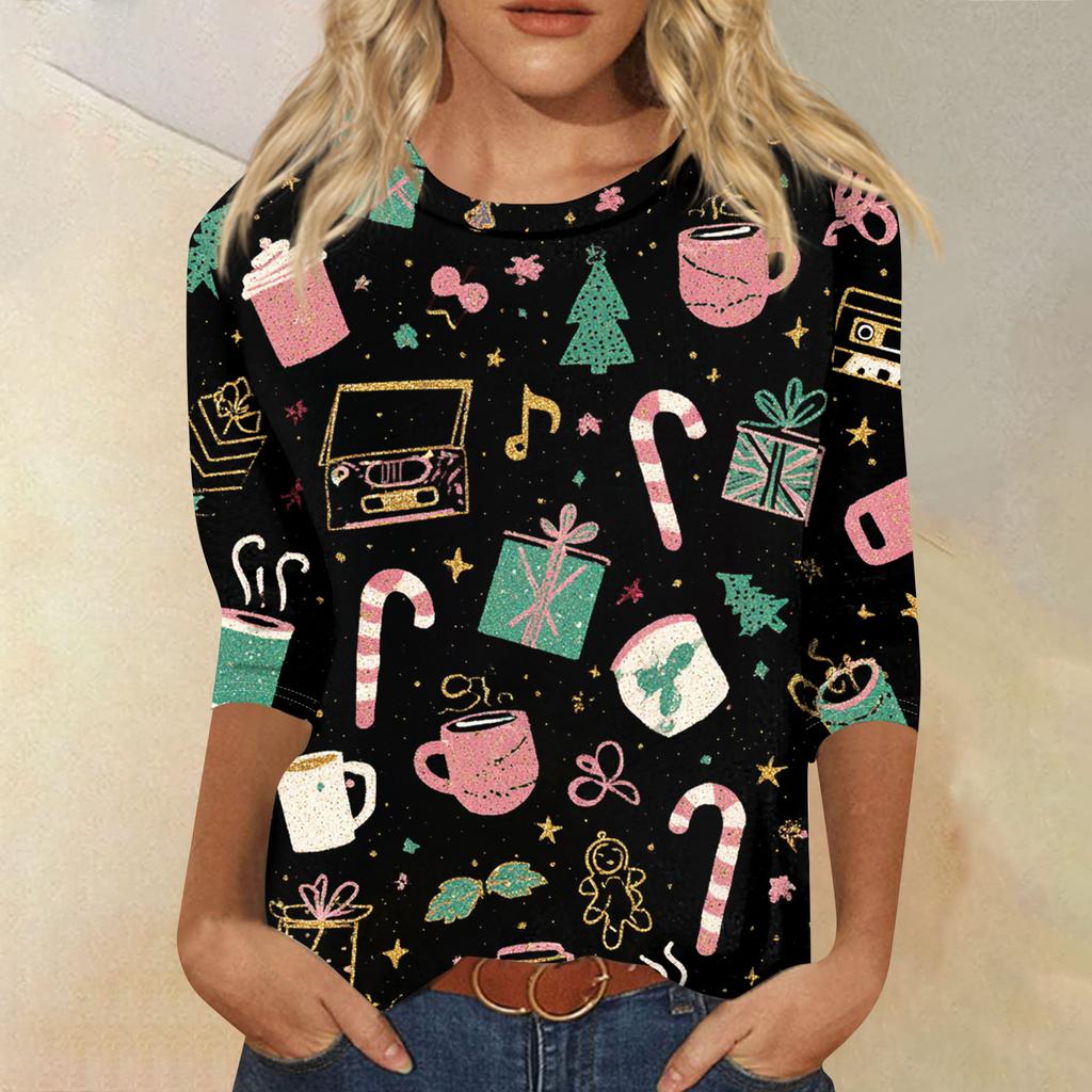 Women's Fashion Casual Round Neck Three-quarter Sleeve Christmas Print T-shirt Top