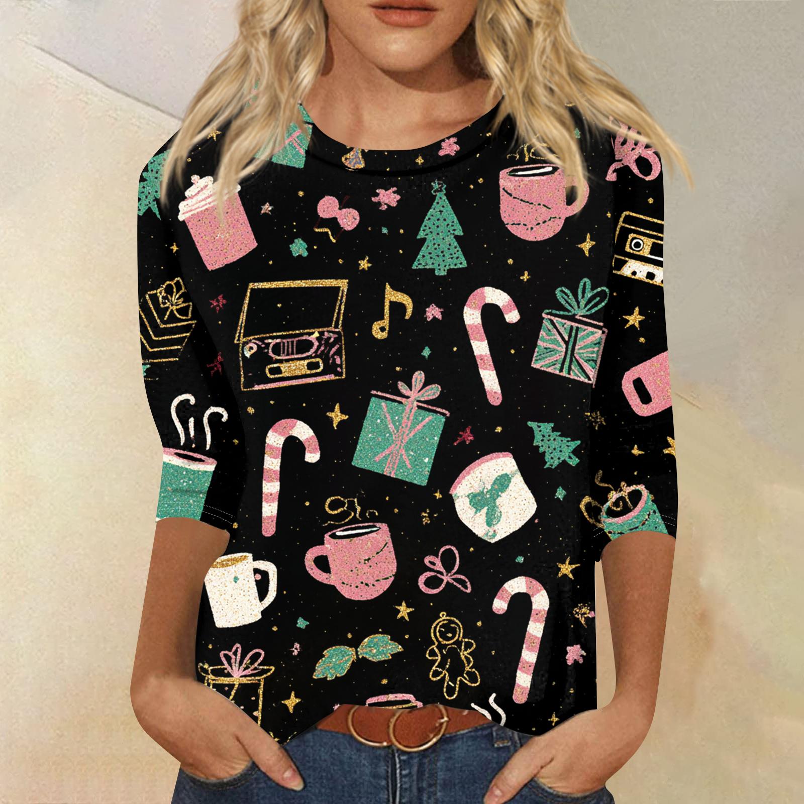 

Women s Fashion Casual Round Neck Three-quarter Sleeve Christmas Print T-shirt Top L чёрный