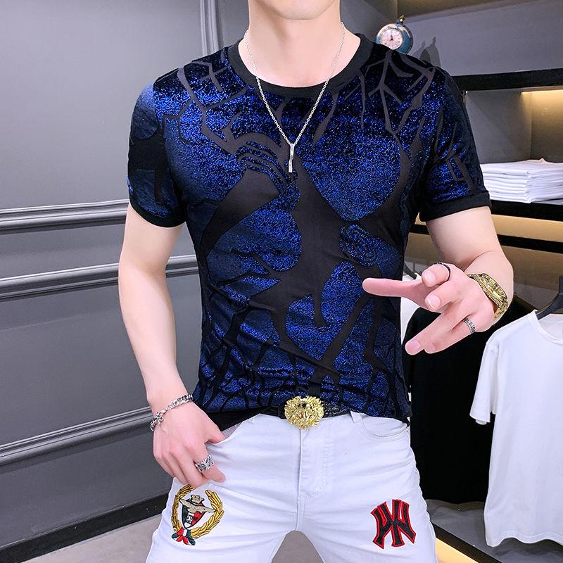 Diamond Hot Ice Silk Short Sleeved T-shirt for Men's Summer Wear Trendy Brand Versatile Half Sleeved T-shirt for Men's Casual Wear